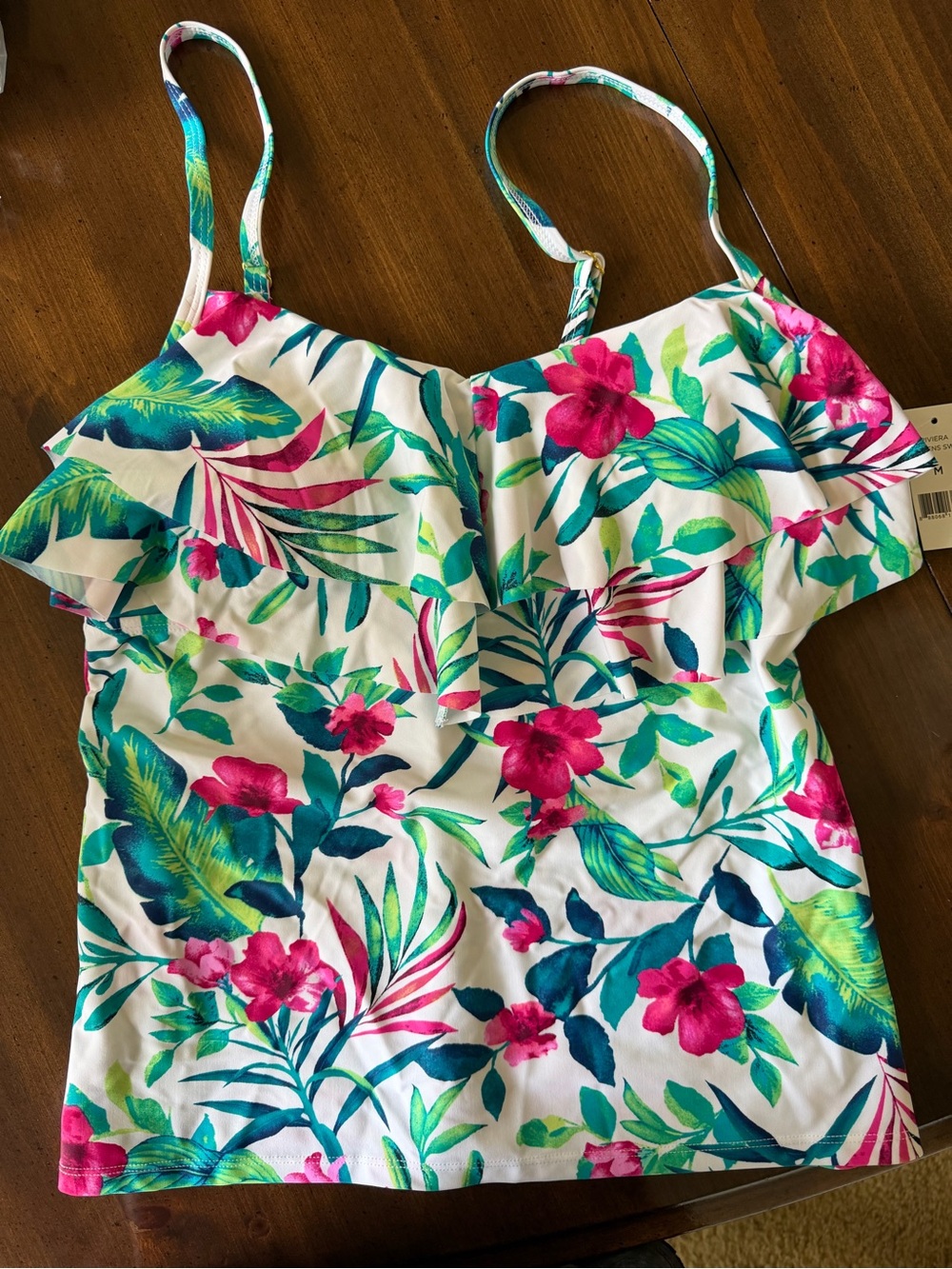 Floral Ruffle Swimsuit Top White with Pink & Green Floral
